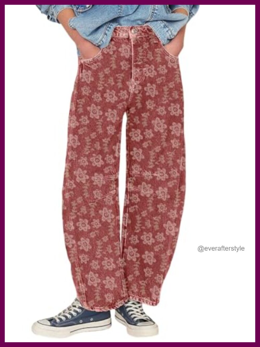 Women's Floral Jacquard Barrel Jeans Wide Leg Boyfriend Denim Pants